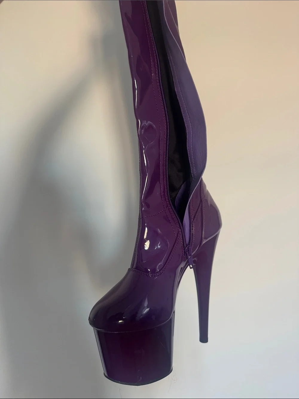Pleaser Purple Patent Over-the-Knee Platform Stiletto Boots
